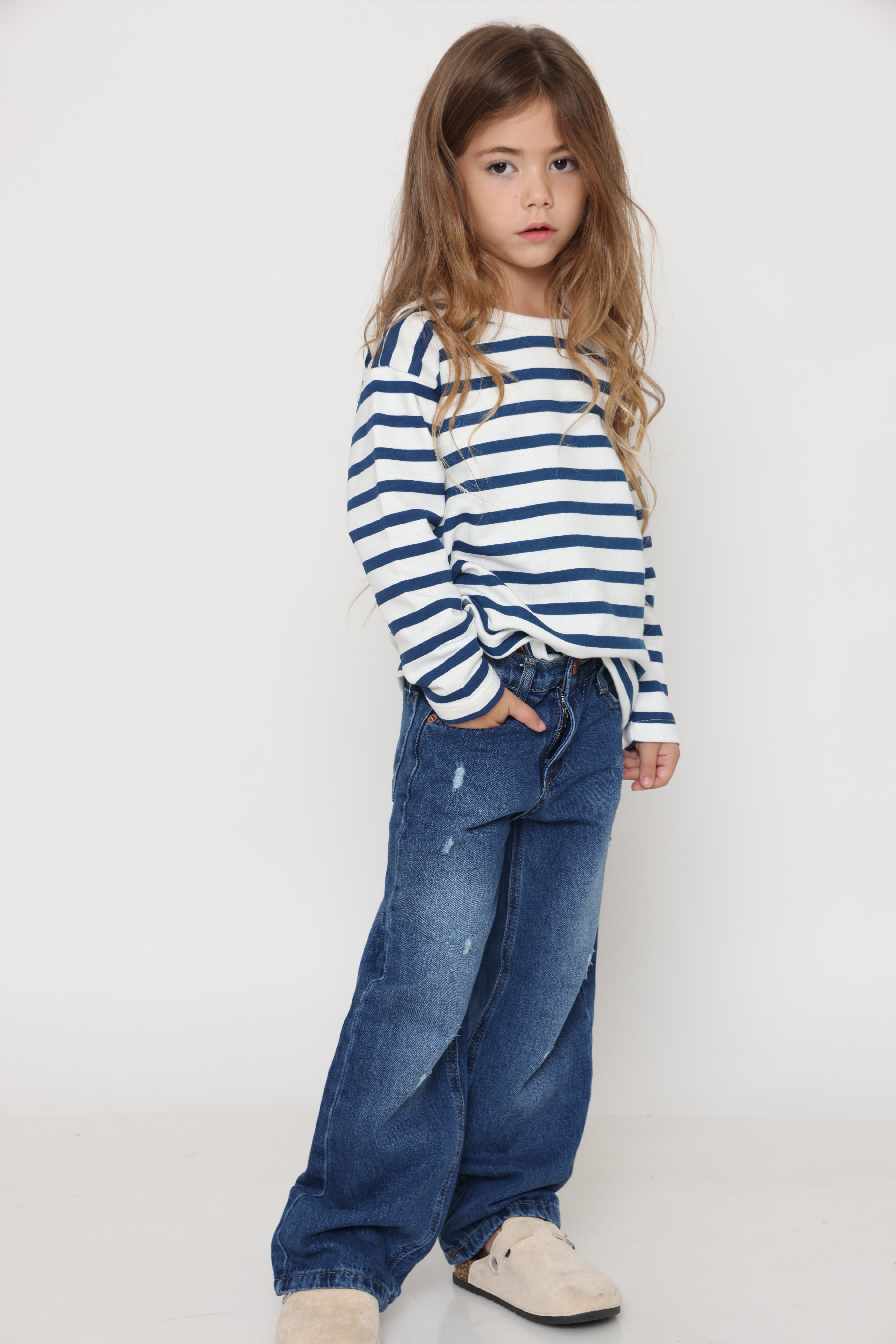 חולצת פסים קלאסית בצבע - כחול