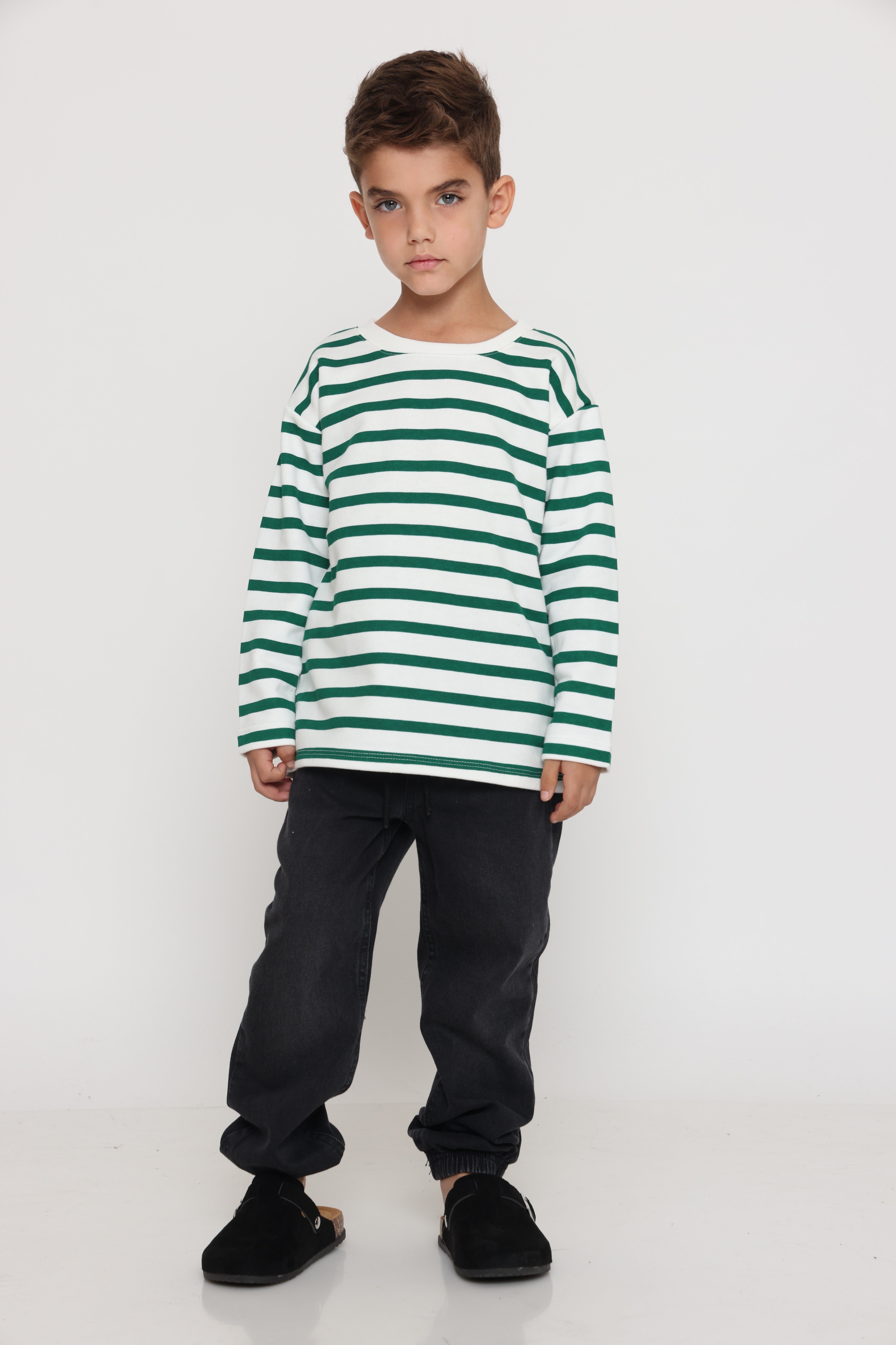 חולצת פסים קלאסית בנים - ירוק