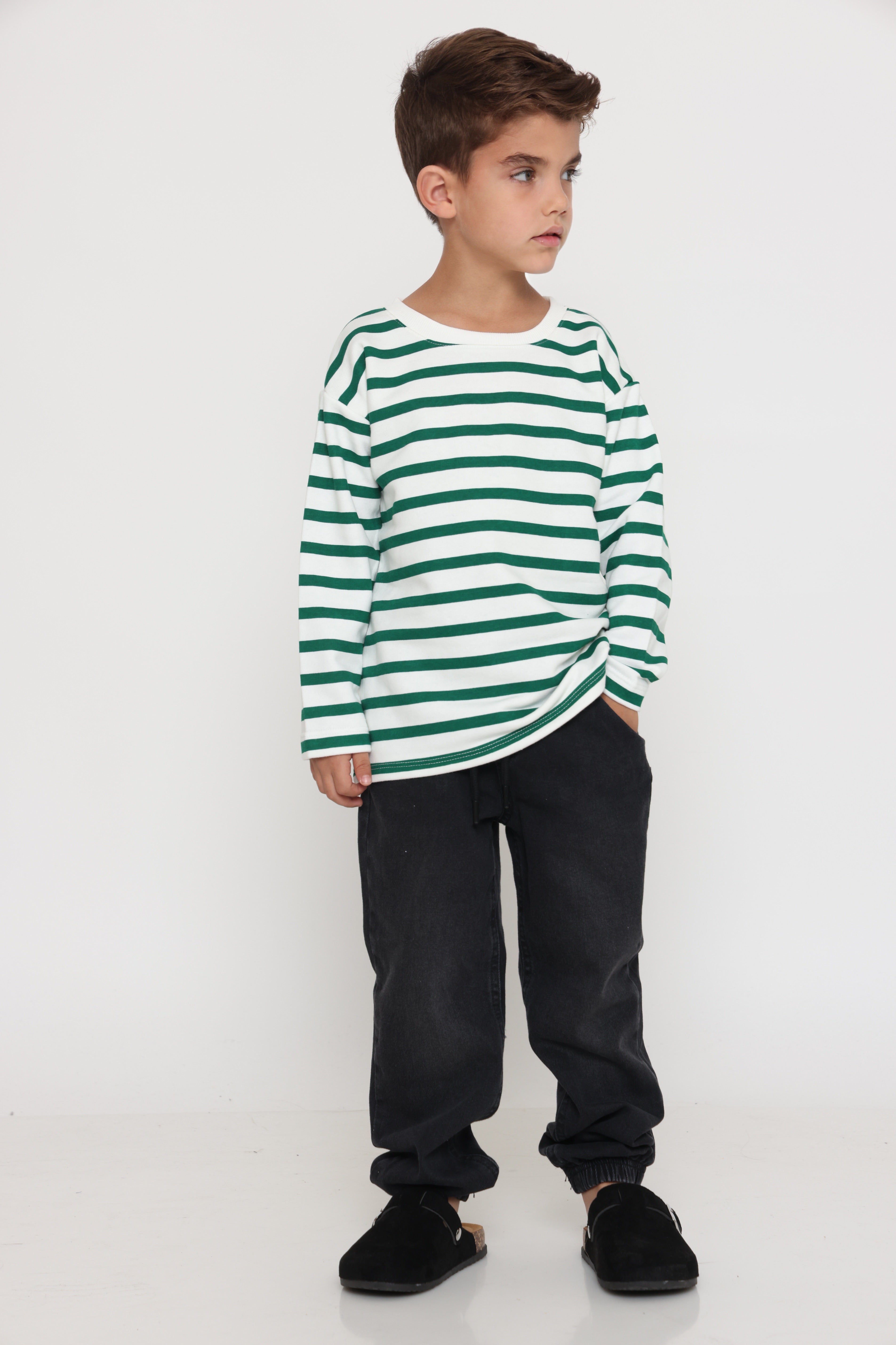 חולצת פסים קלאסית בנים - ירוק
