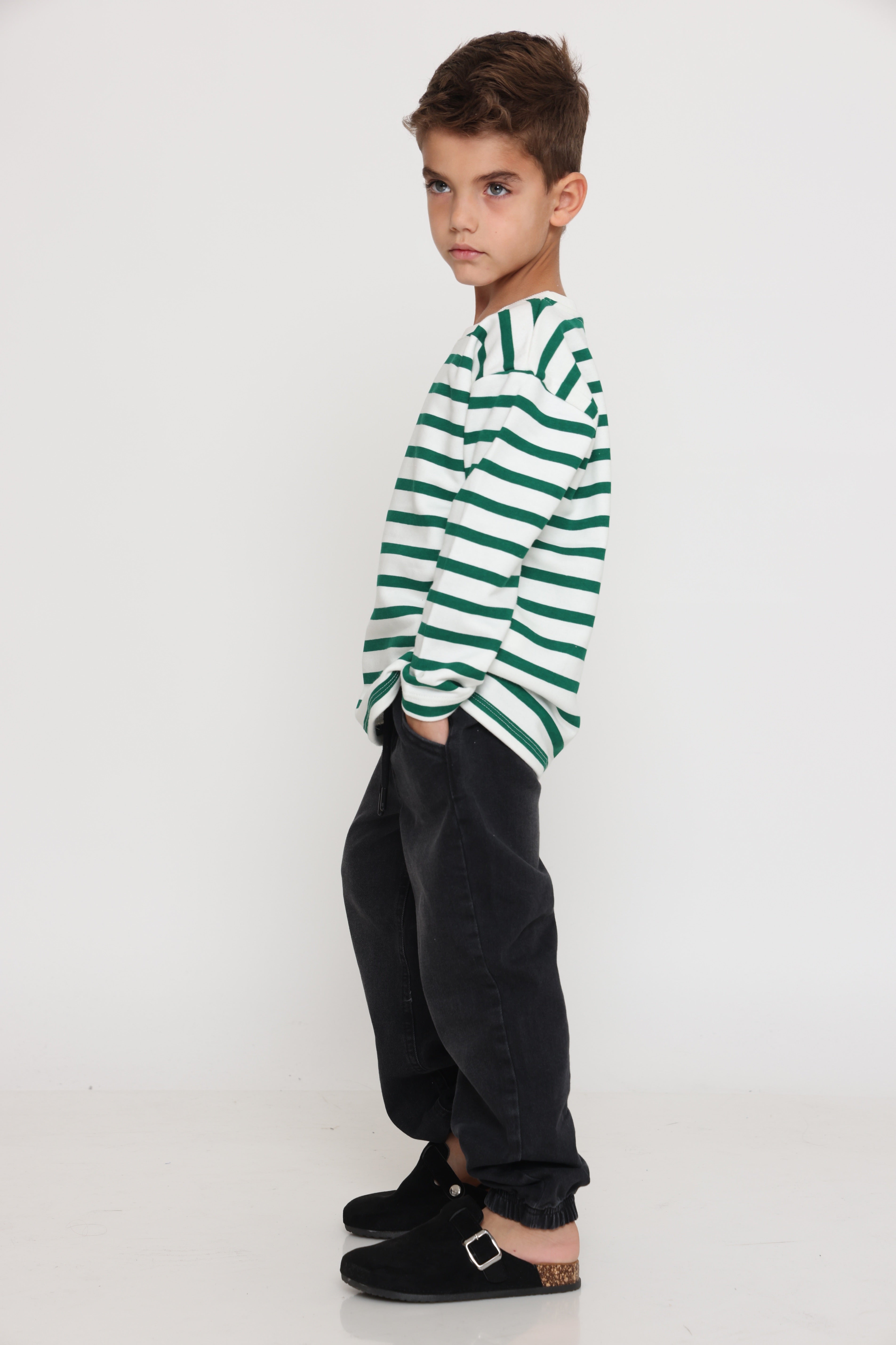 חולצת פסים קלאסית בנים - ירוק