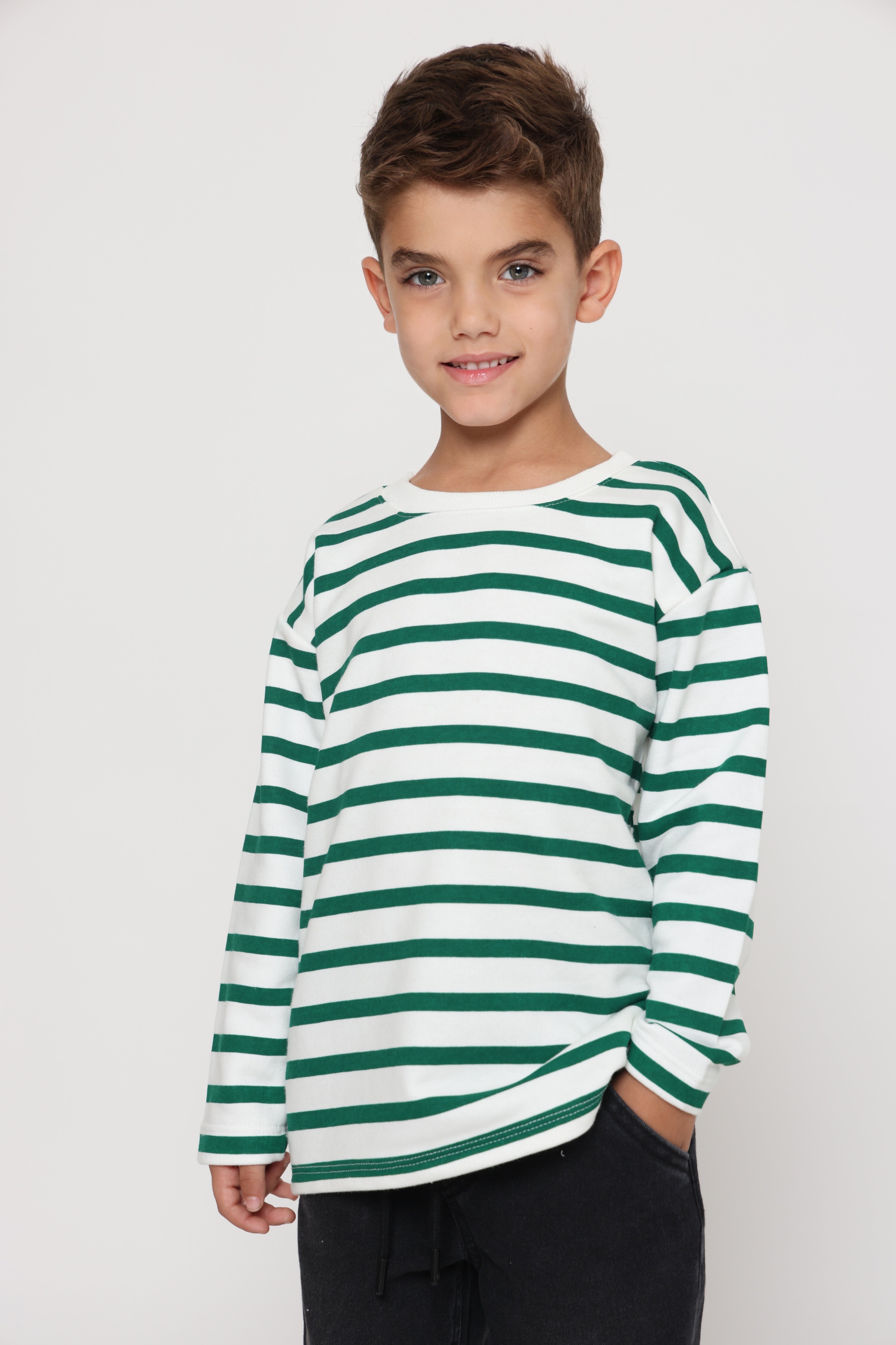 חולצת פסים קלאסית בנים - ירוק