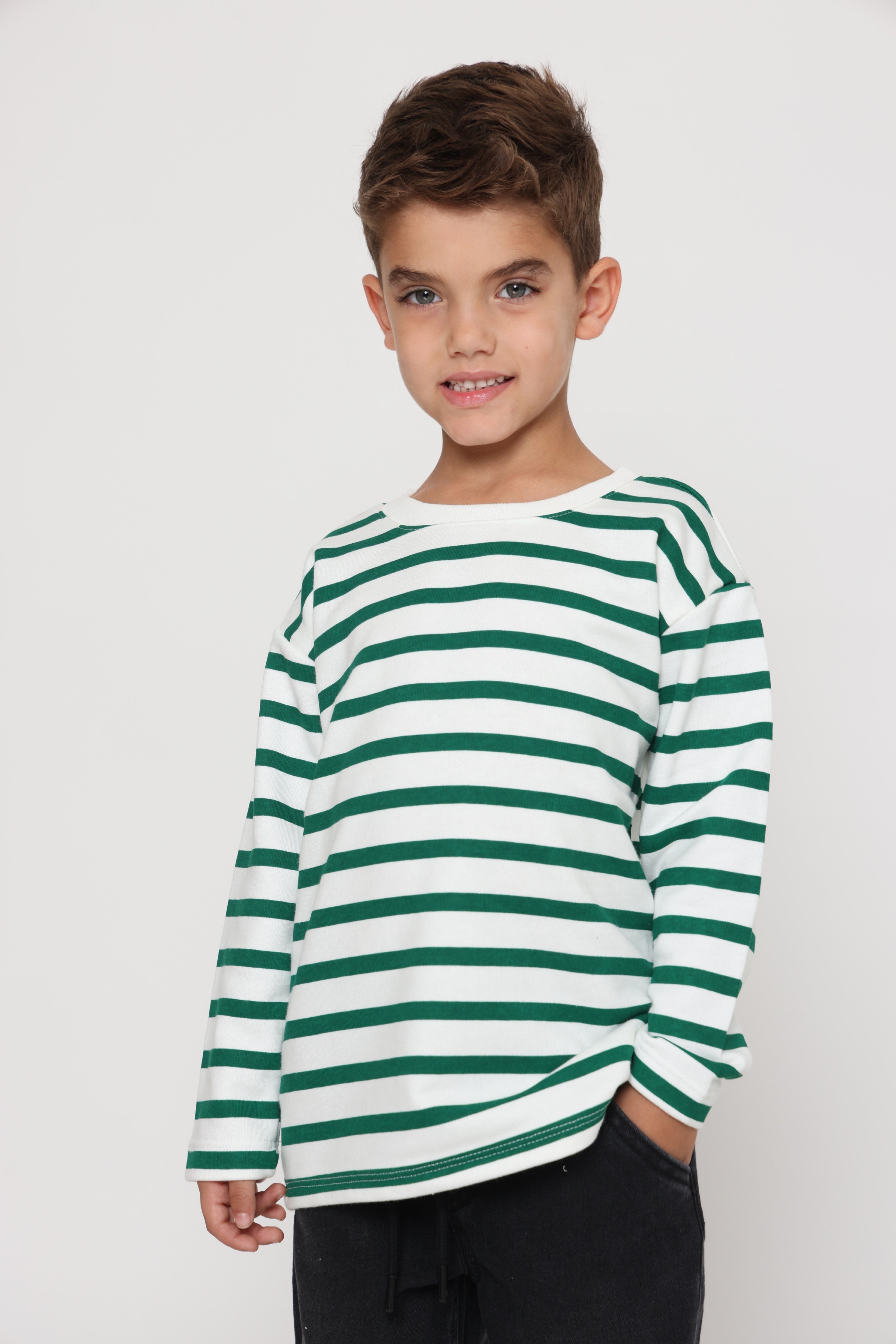 חולצת פסים קלאסית בנים - ירוק