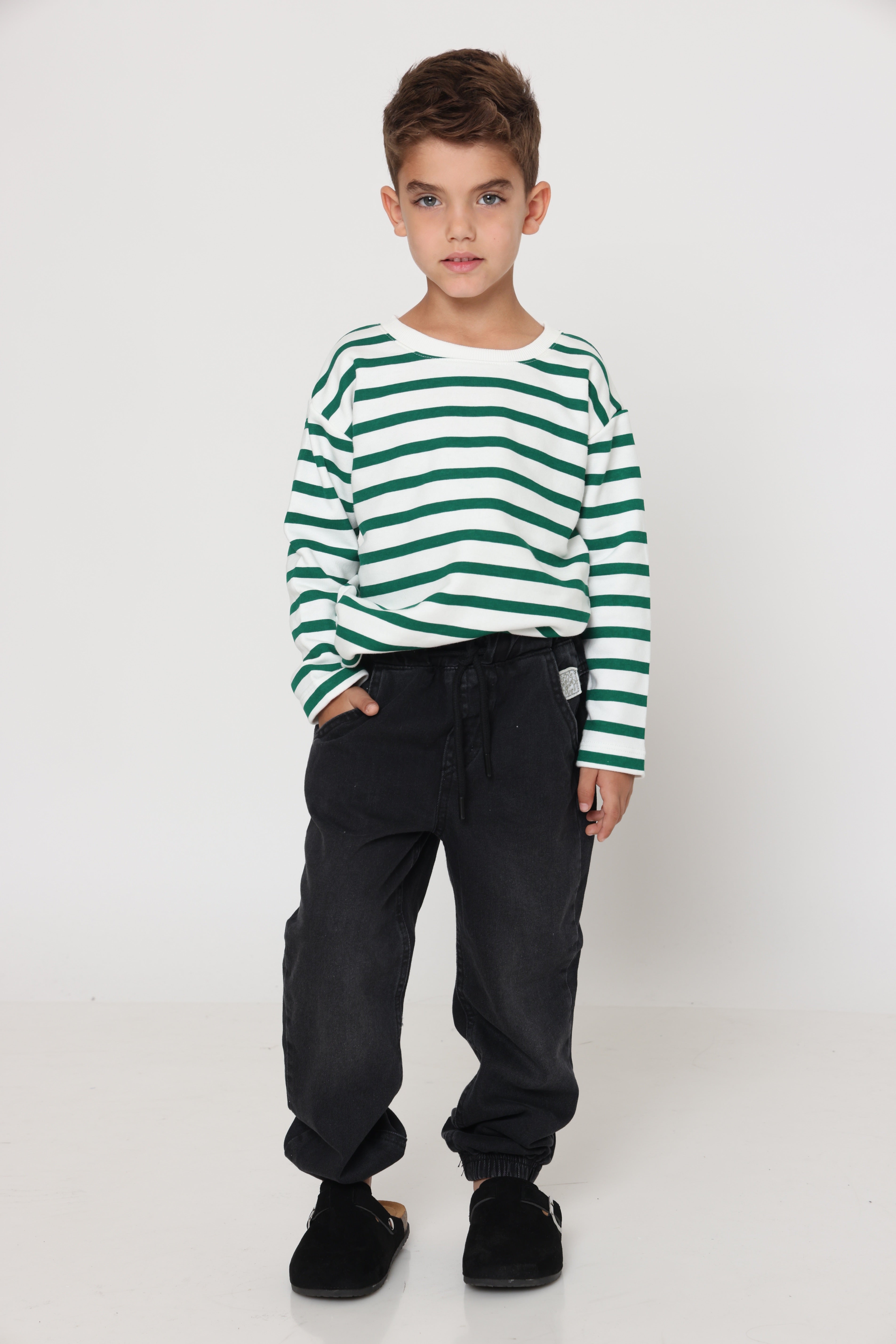 חולצת פסים קלאסית בנים - ירוק