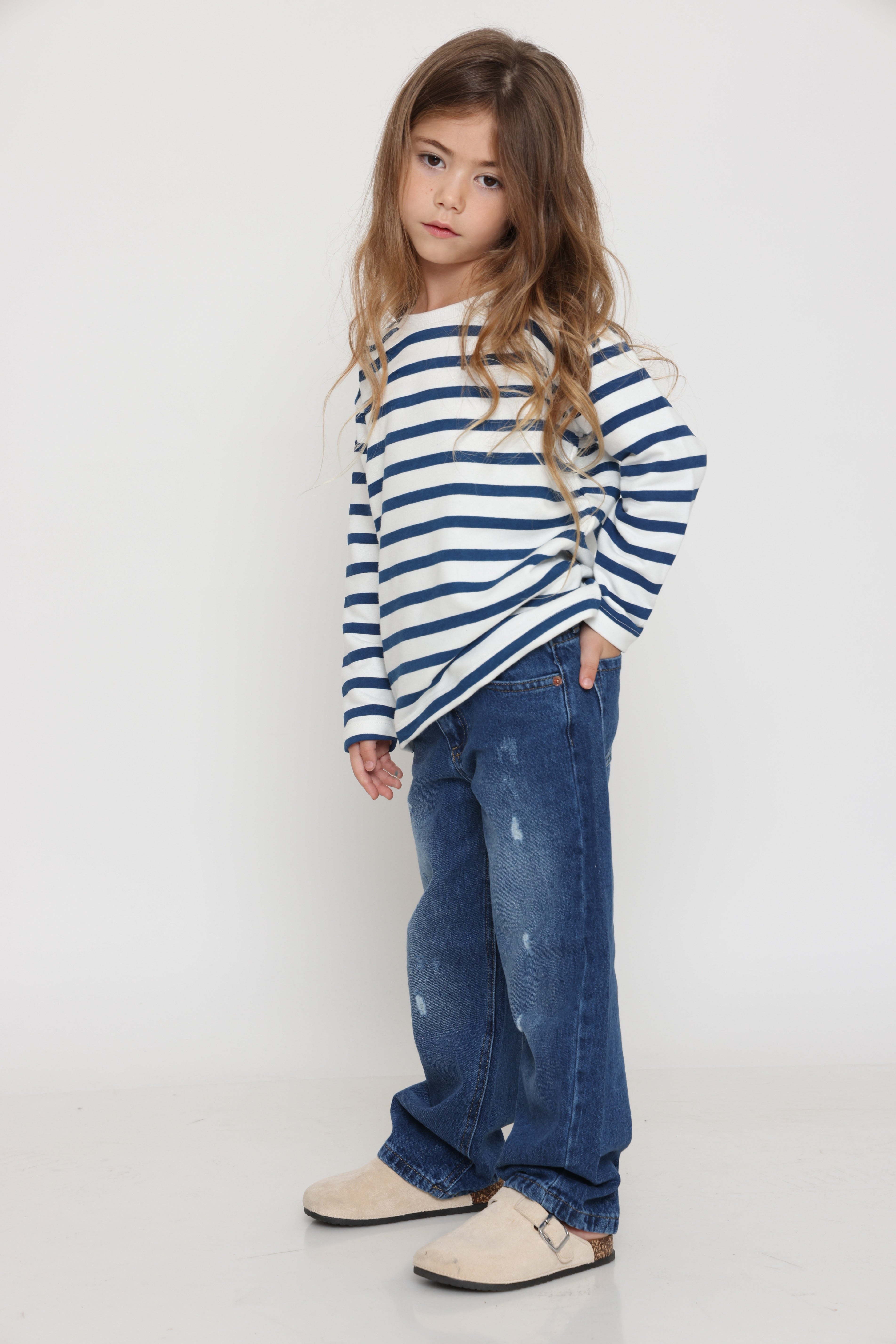 חולצת פסים קלאסית בצבע - כחול