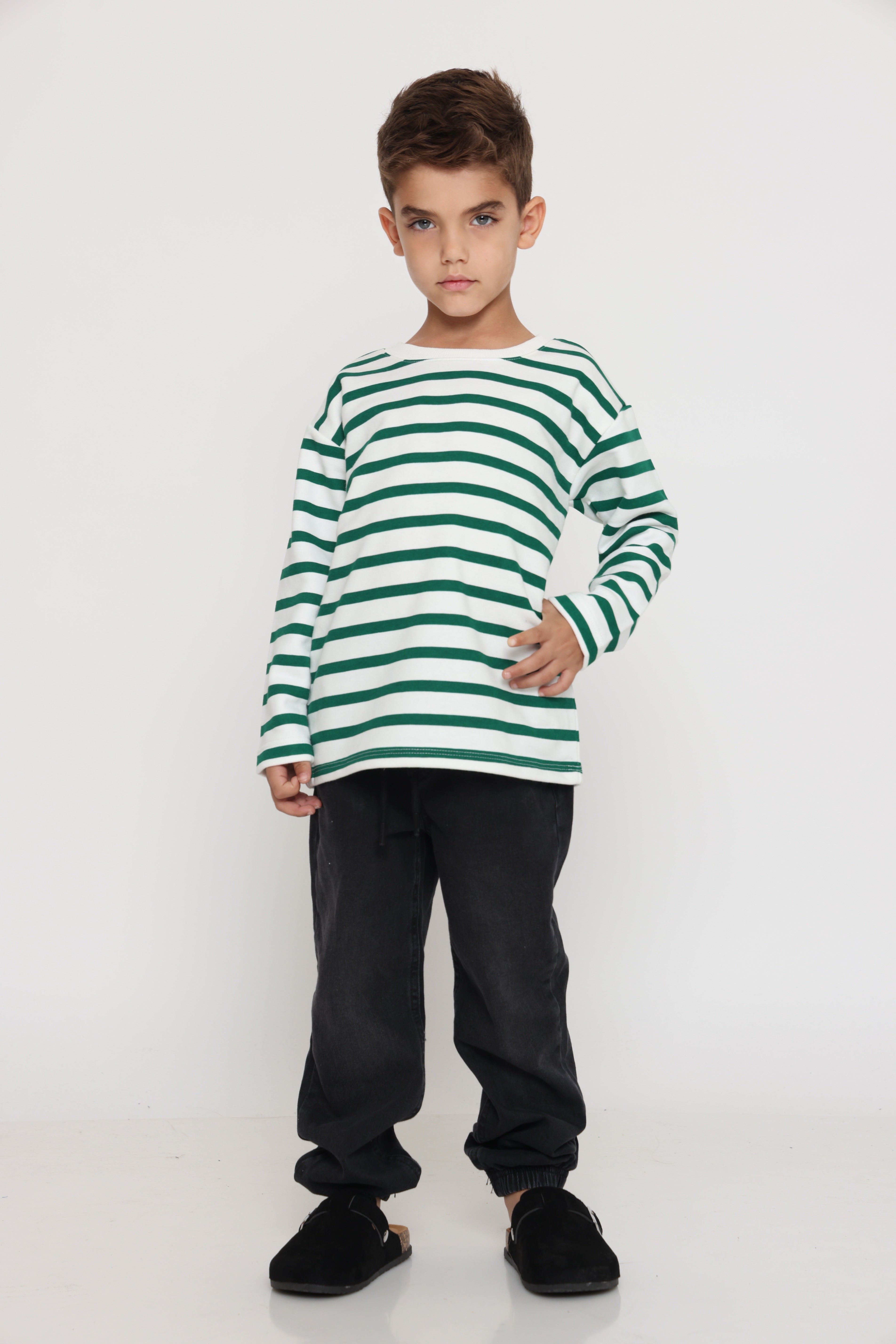 חולצת פסים קלאסית בנים - ירוק