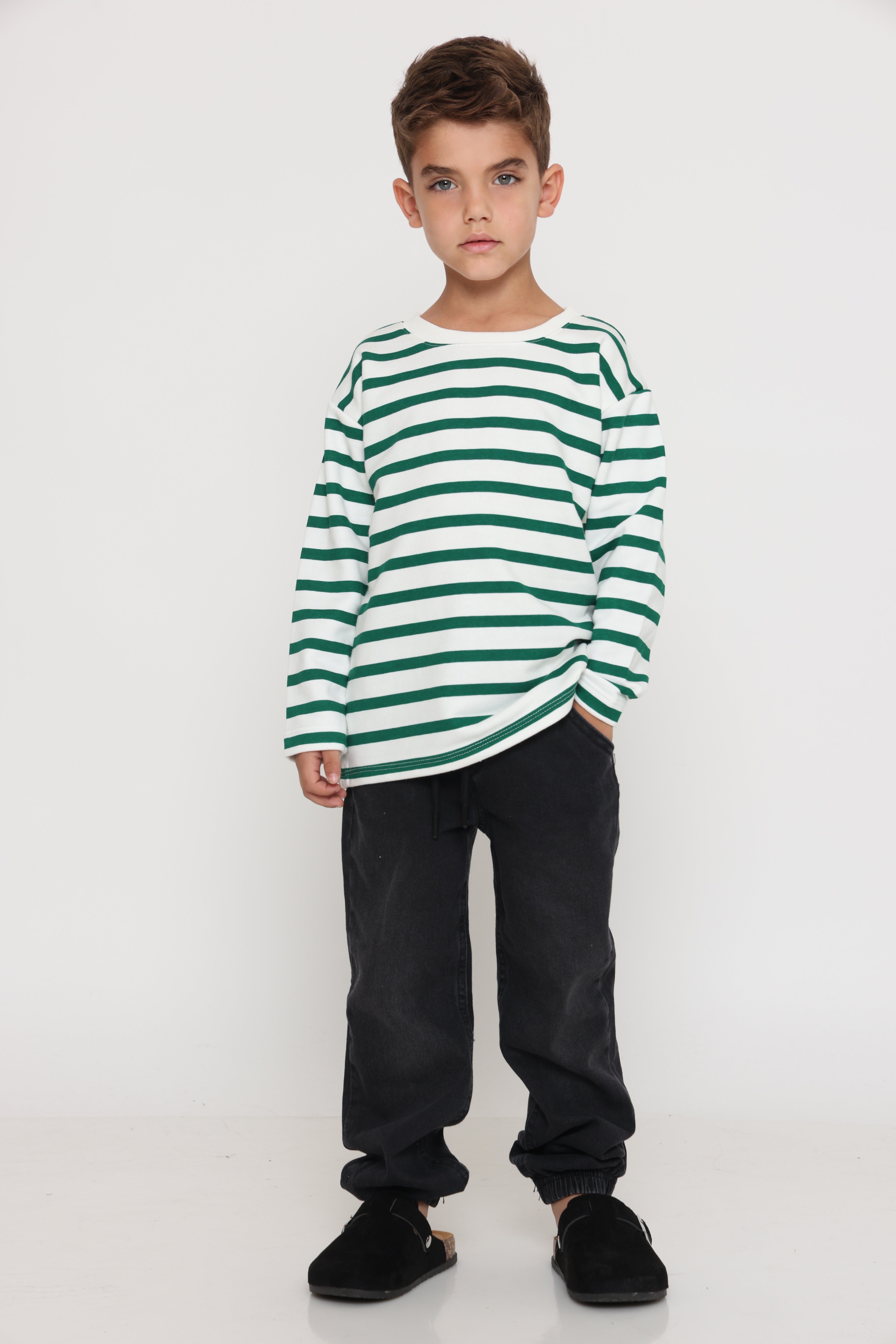 חולצת פסים קלאסית בנים - ירוק