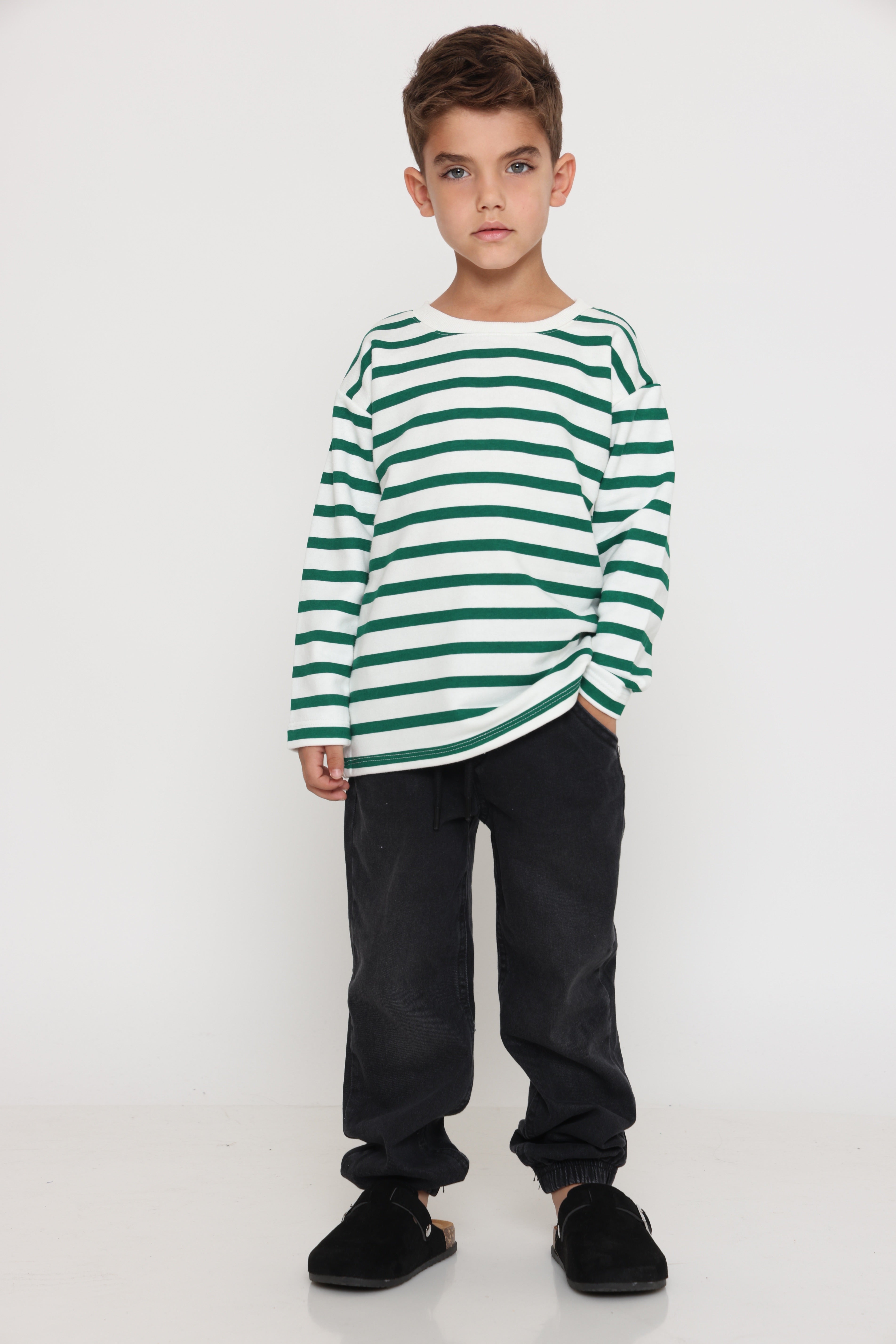 חולצת פסים קלאסית בנים - ירוק