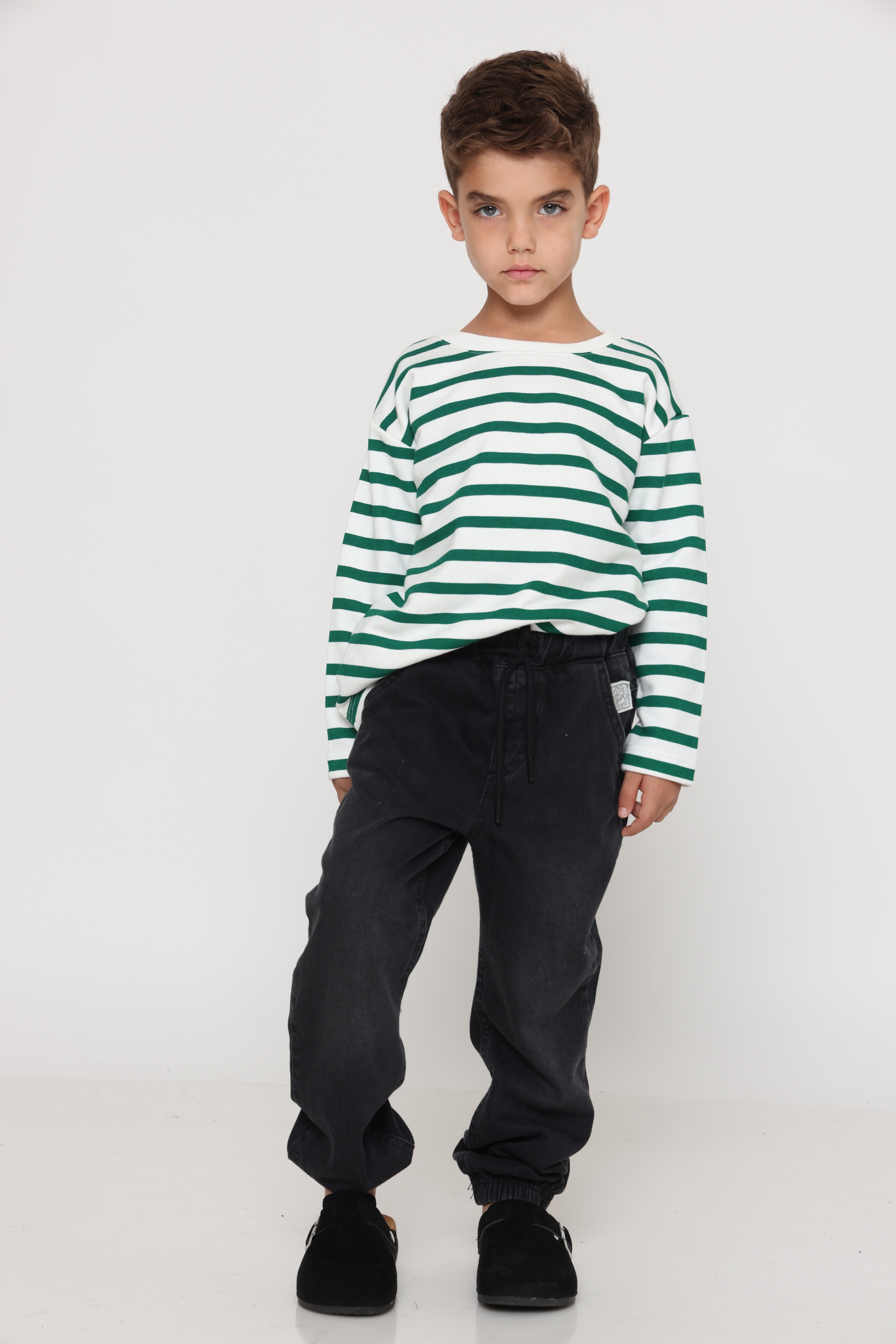 חולצת פסים קלאסית בנים - ירוק