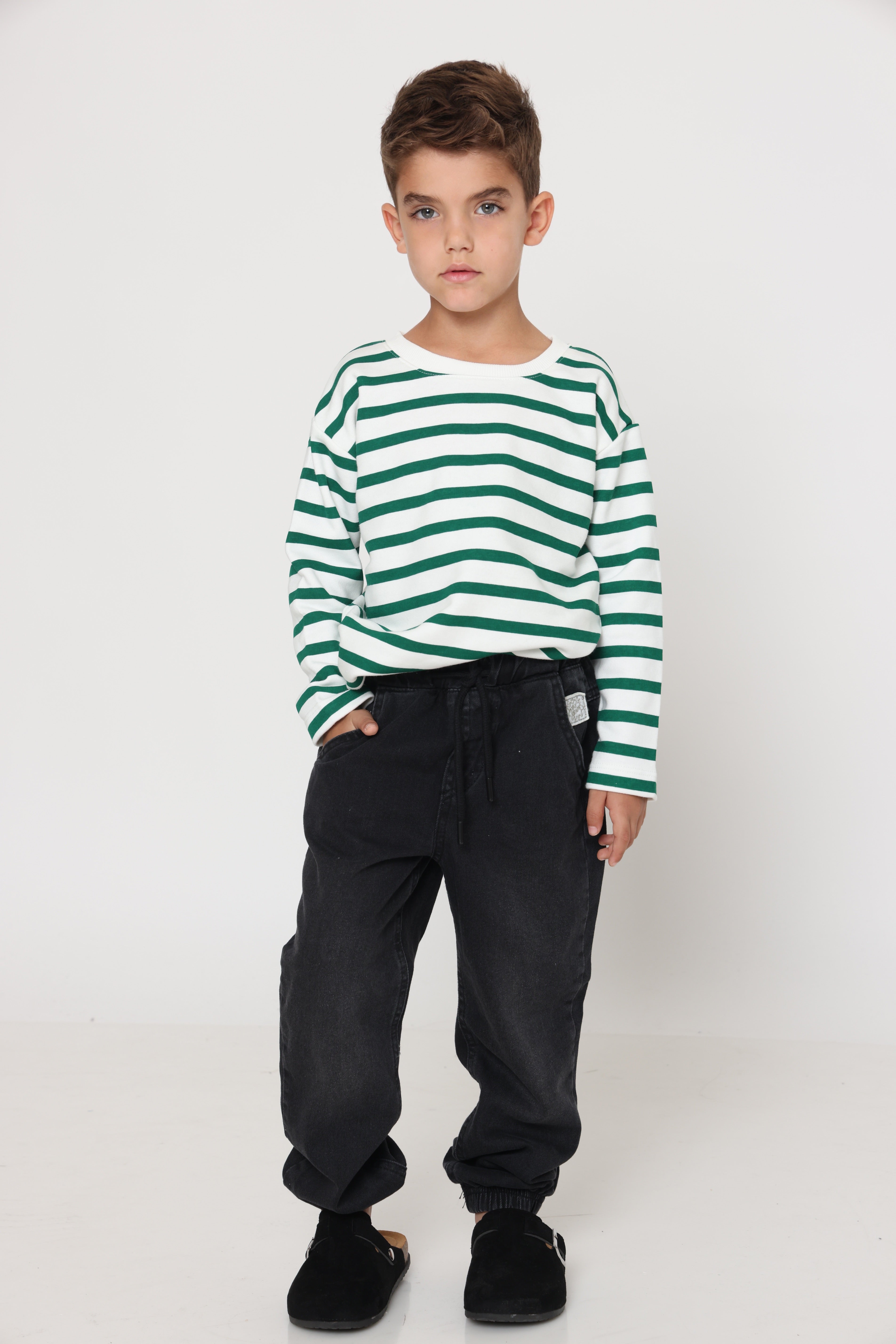חולצת פסים קלאסית בנים - ירוק